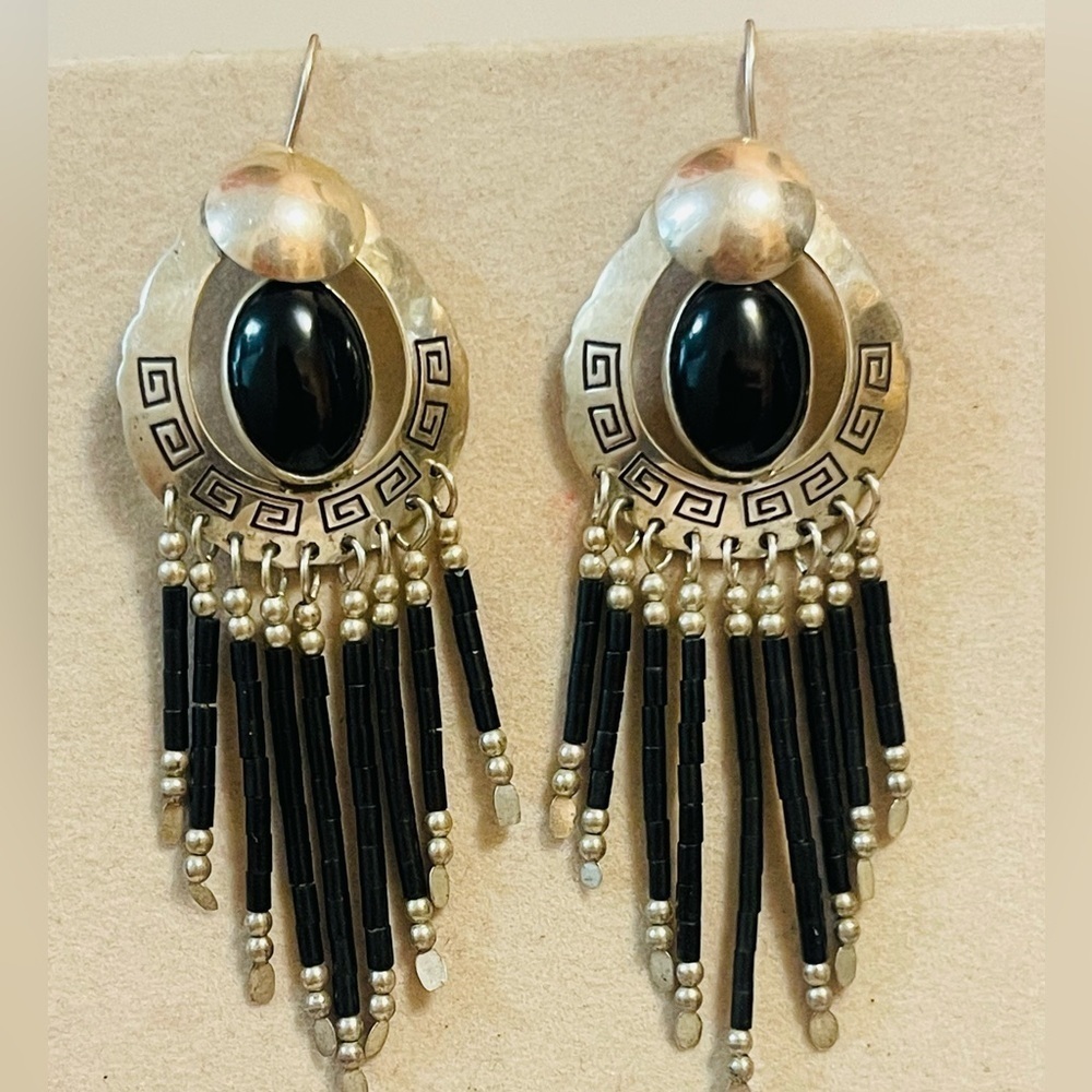 VTG  Native American NAVAJO Sterling Silver Onyx Dreamcatcher Earrings 9 Dangle